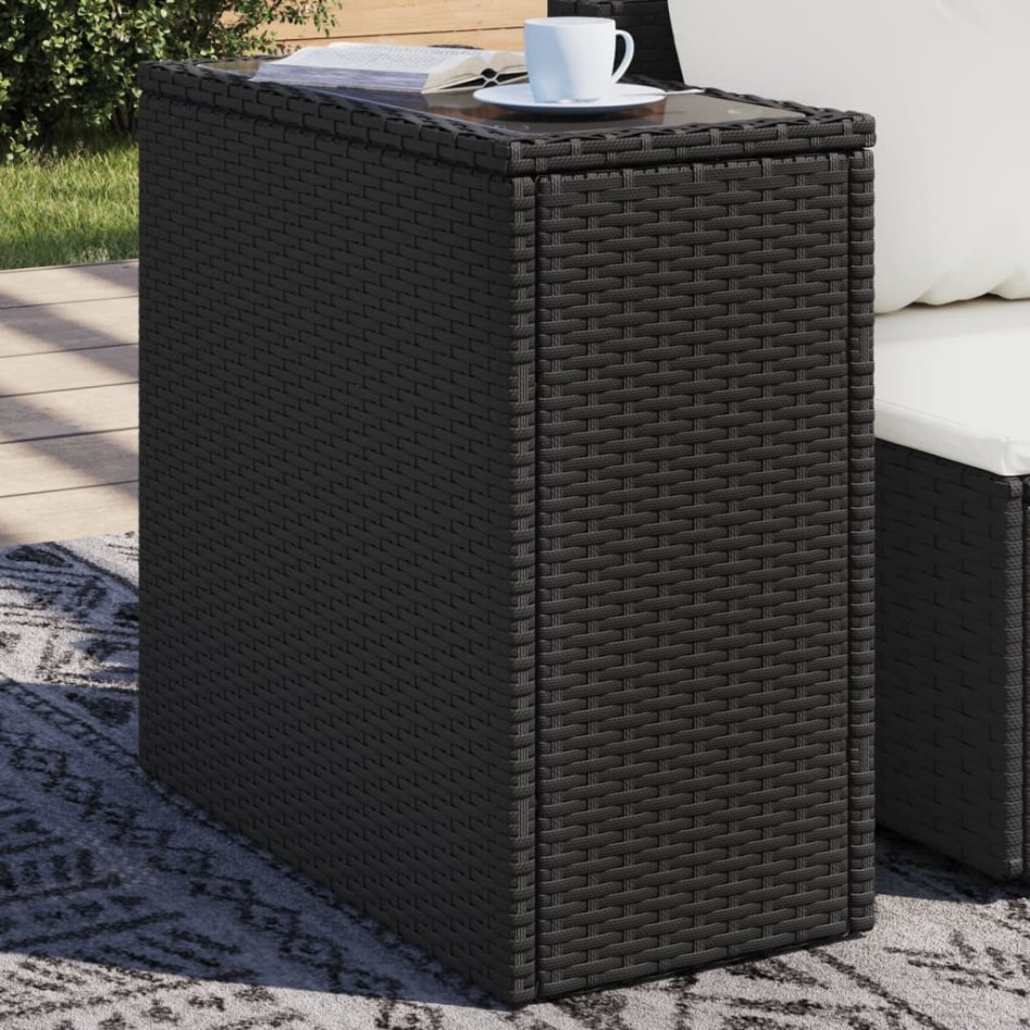 Mesa auxiliar jardín tapa vidrio ratán PE negro 58x27,5x55