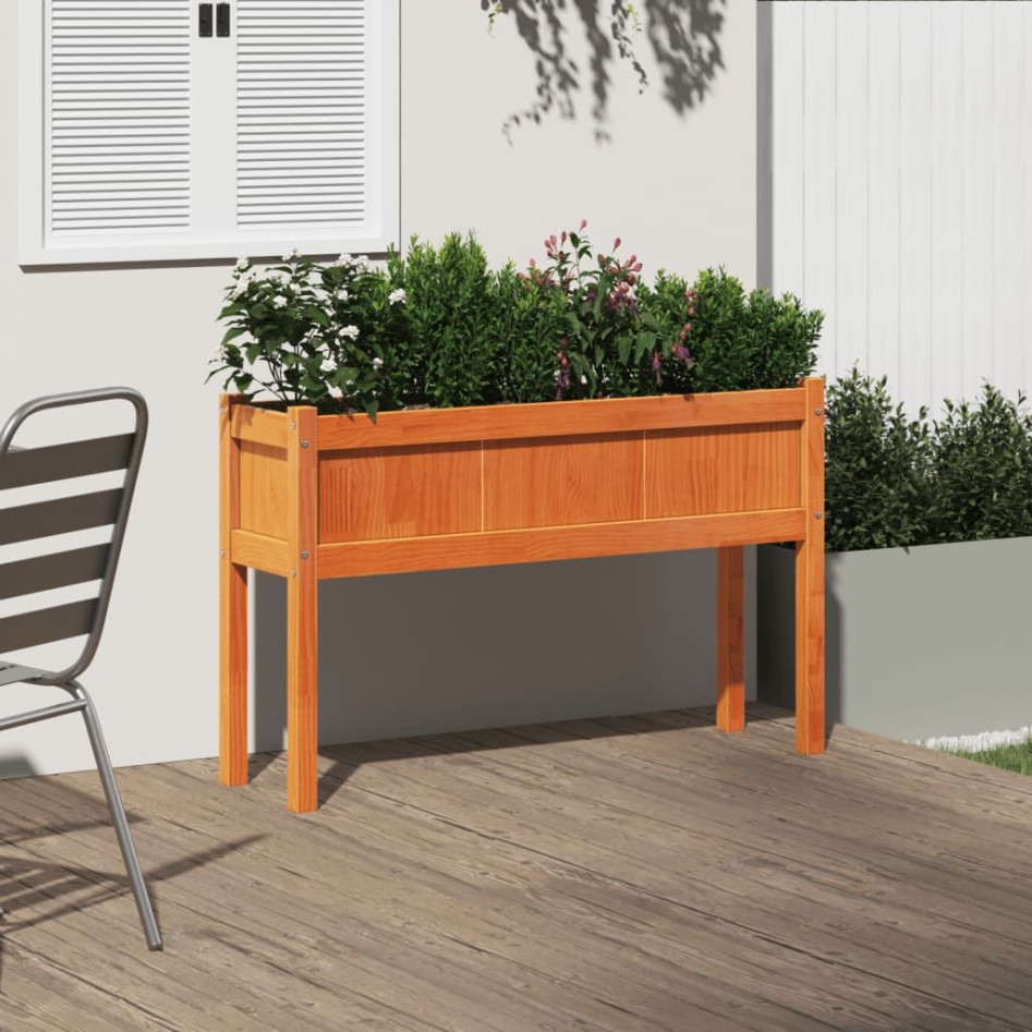 Jardinera con patas madera maciza pino marrón cera 110x31x70