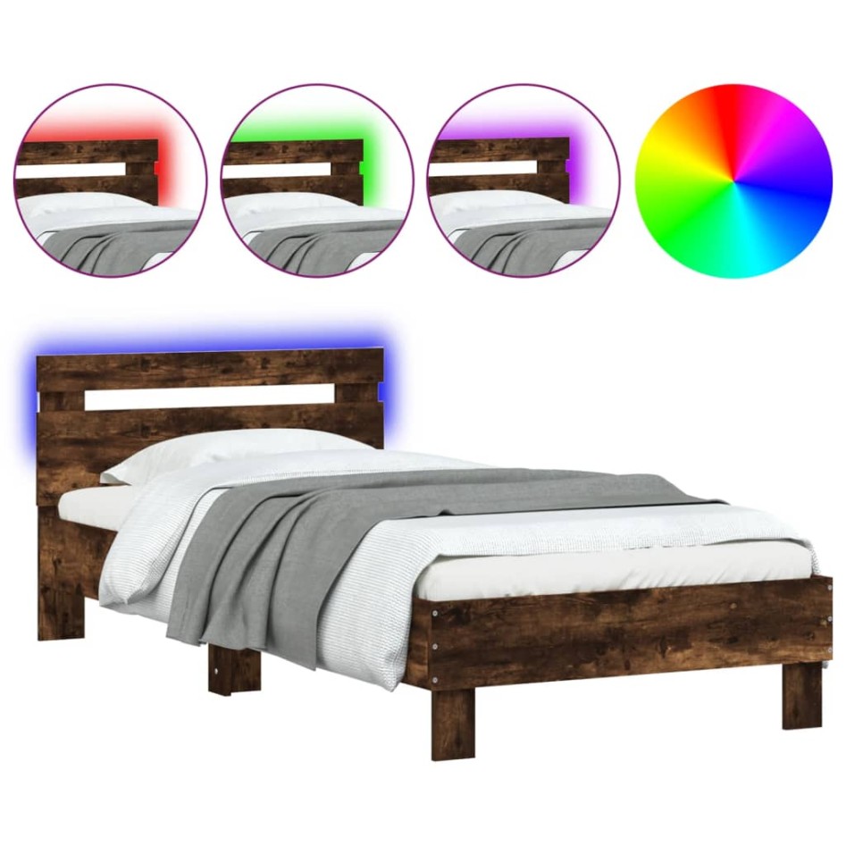 Estructura de cama cabecero luces LED roble ahumado 75x190