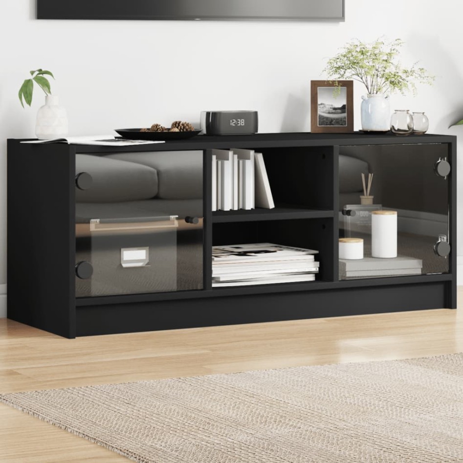 Mueble de TV con puertas de vidrio negro 102x37x42