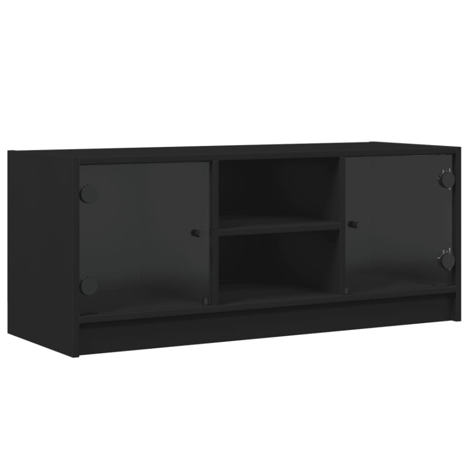 Mueble de TV con puertas de vidrio negro 102x37x42