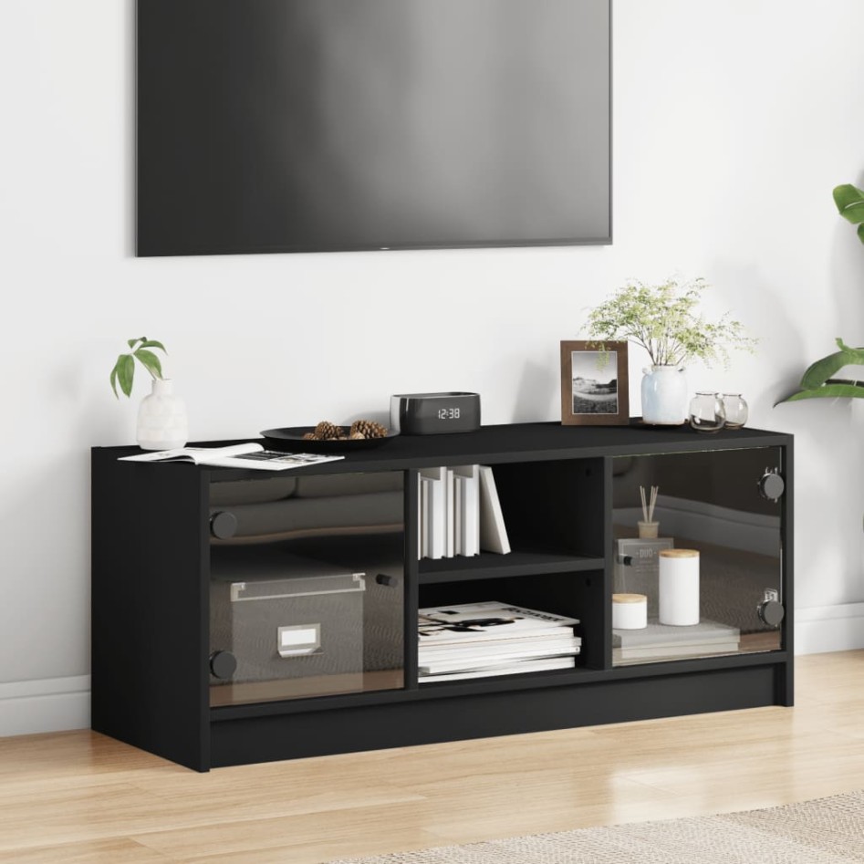 Mueble de TV con puertas de vidrio negro 102x37x42