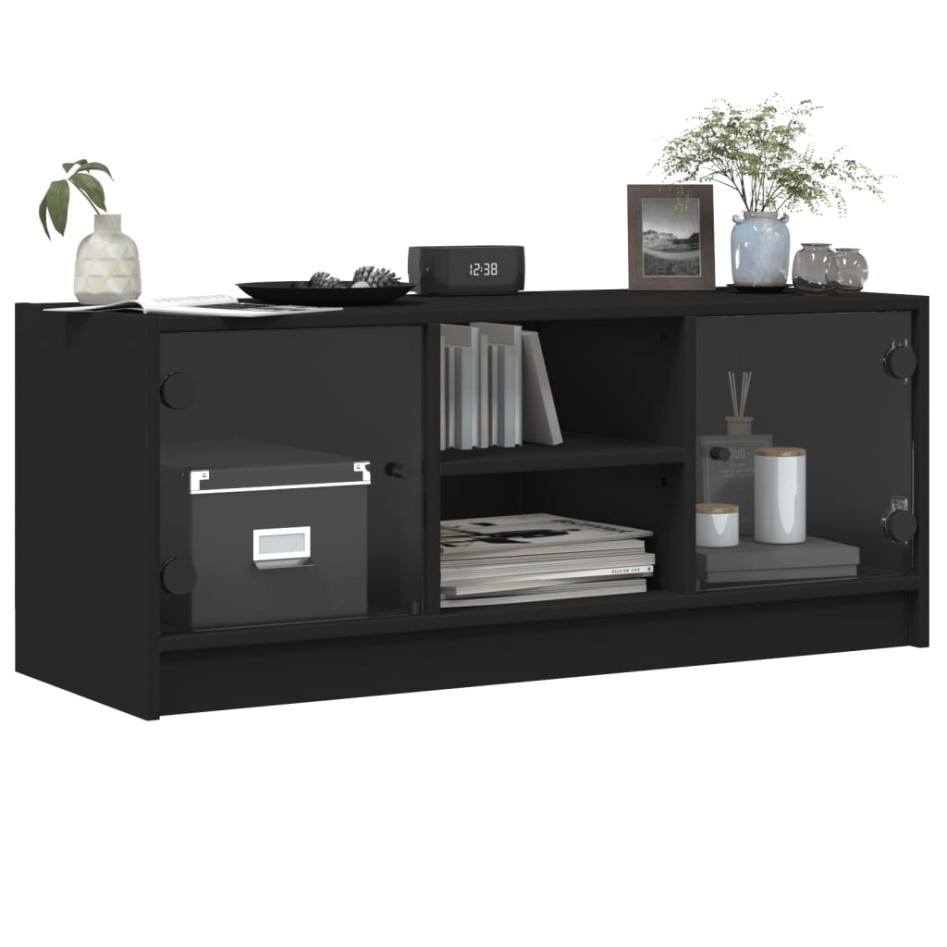 Mueble de TV con puertas de vidrio negro 102x37x42