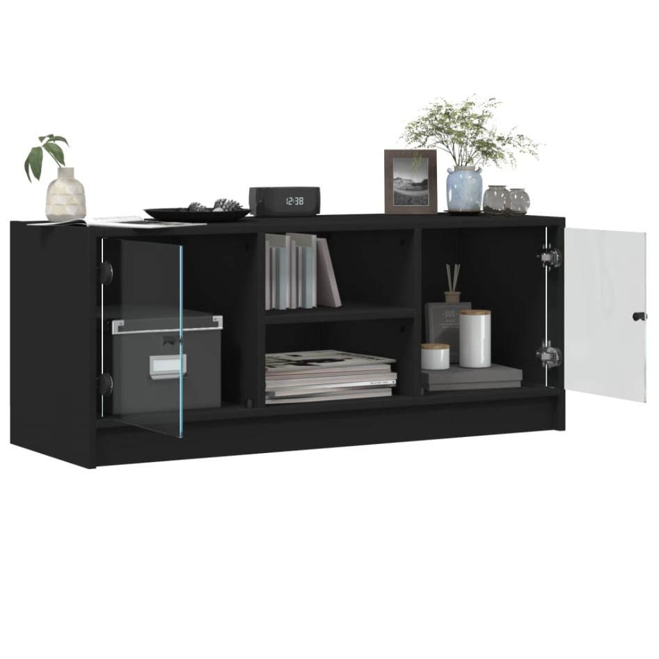 Mueble de TV con puertas de vidrio negro 102x37x42