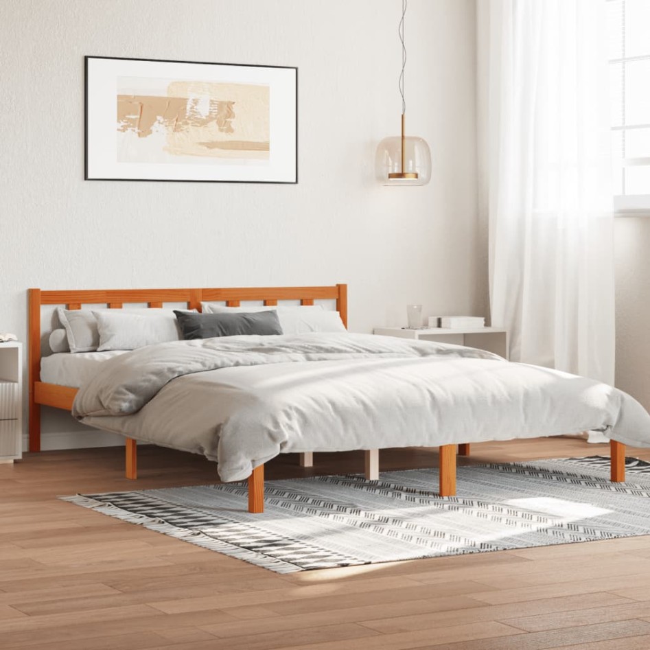 Cama sin colchón madera maciza pino marrón cera 150x200