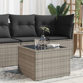 Mesa de jardín superficie de cristal ratán PE gris 55x55x37