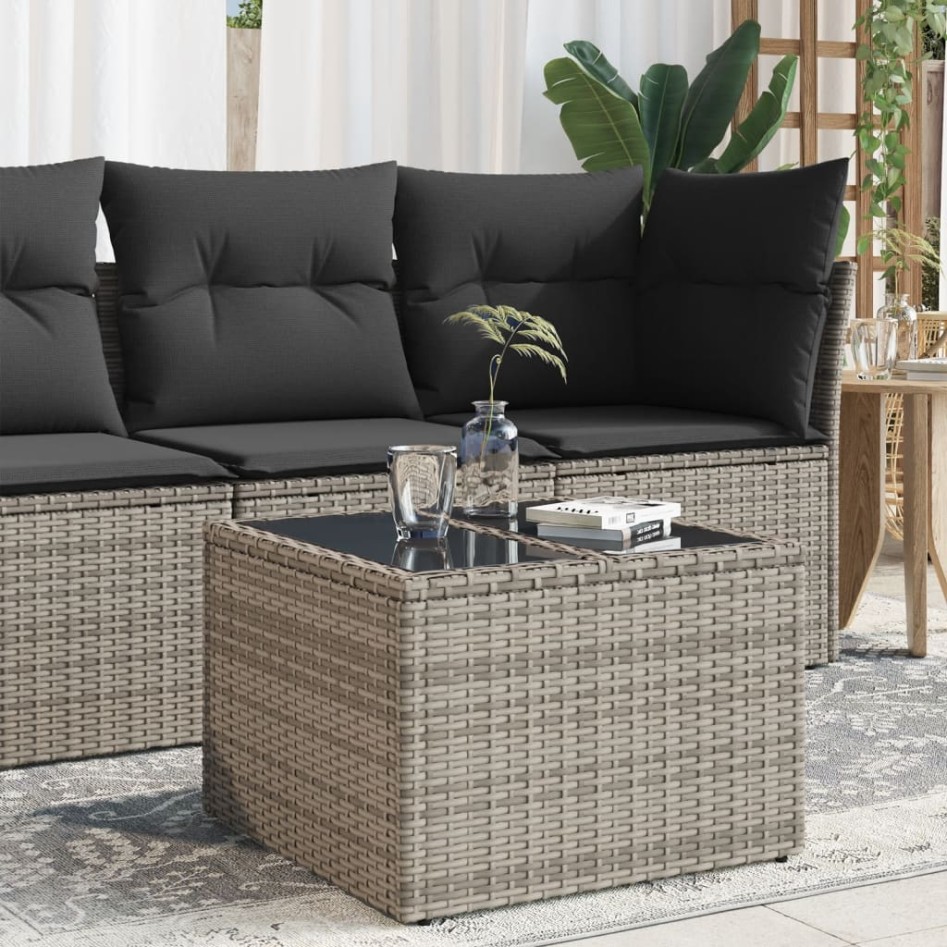 Mesa de jardín superficie de cristal ratán PE gris 55x55x37