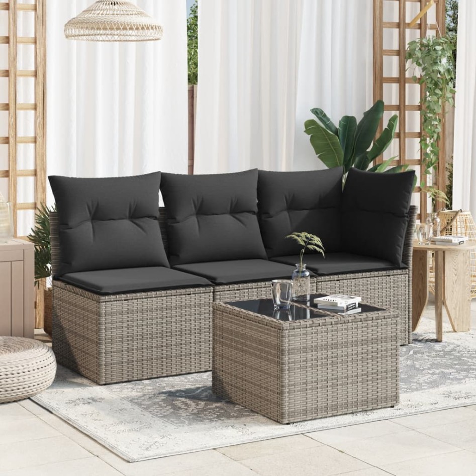 Mesa de jardín superficie de cristal ratán PE gris 55x55x37