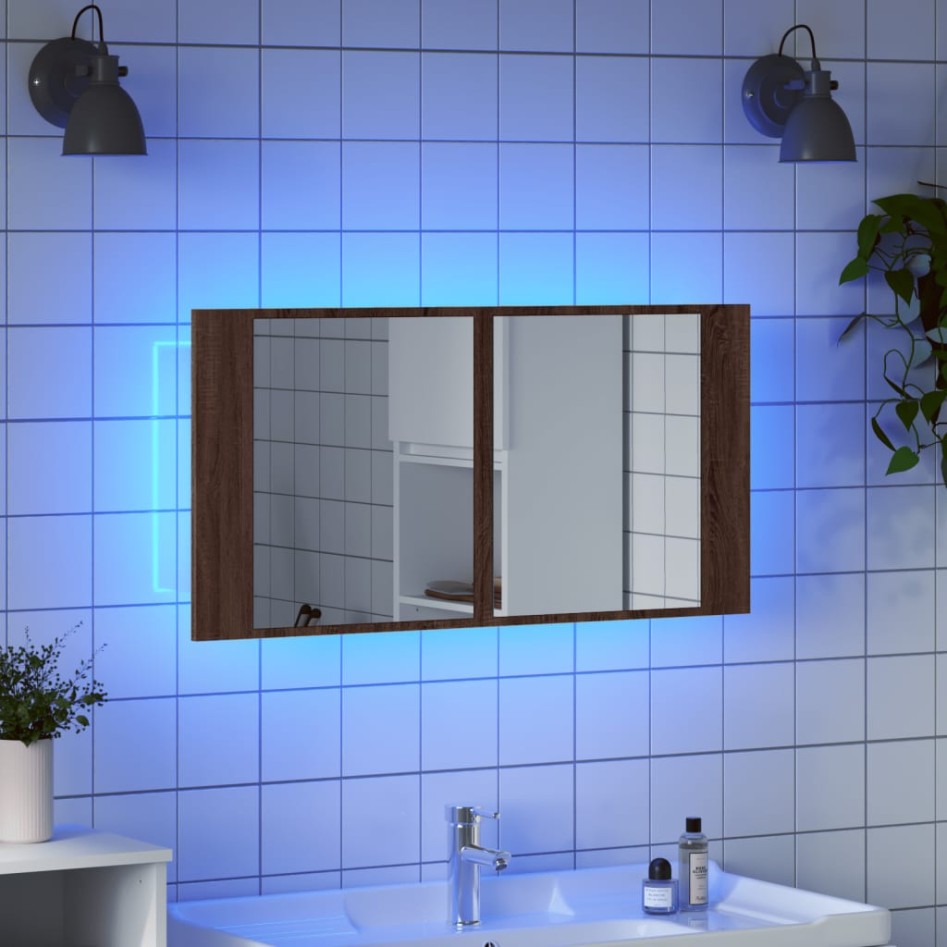Armario espejo de baño LED acrílico marrón roble 90x12x45