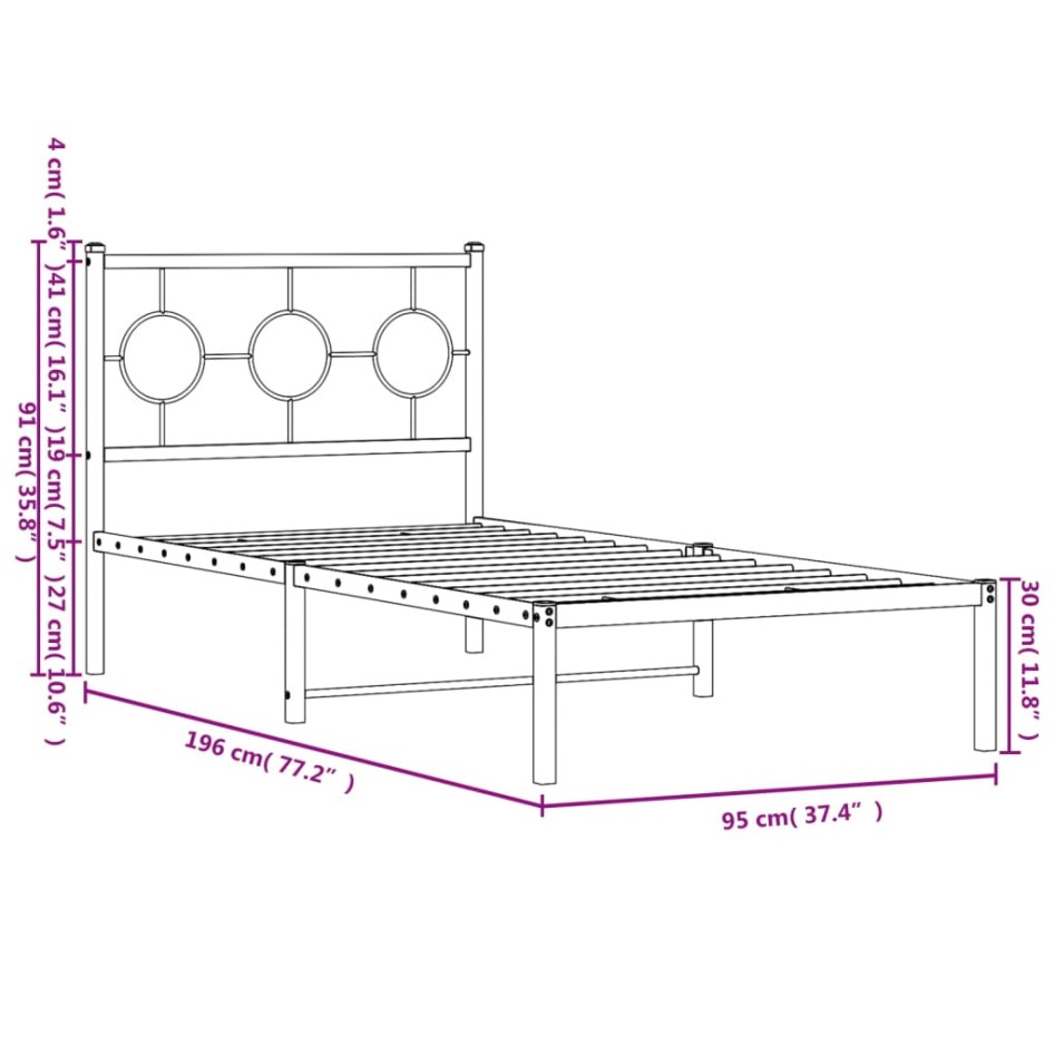 Estructura cama sin colchón con cabecero metal negro 90x190