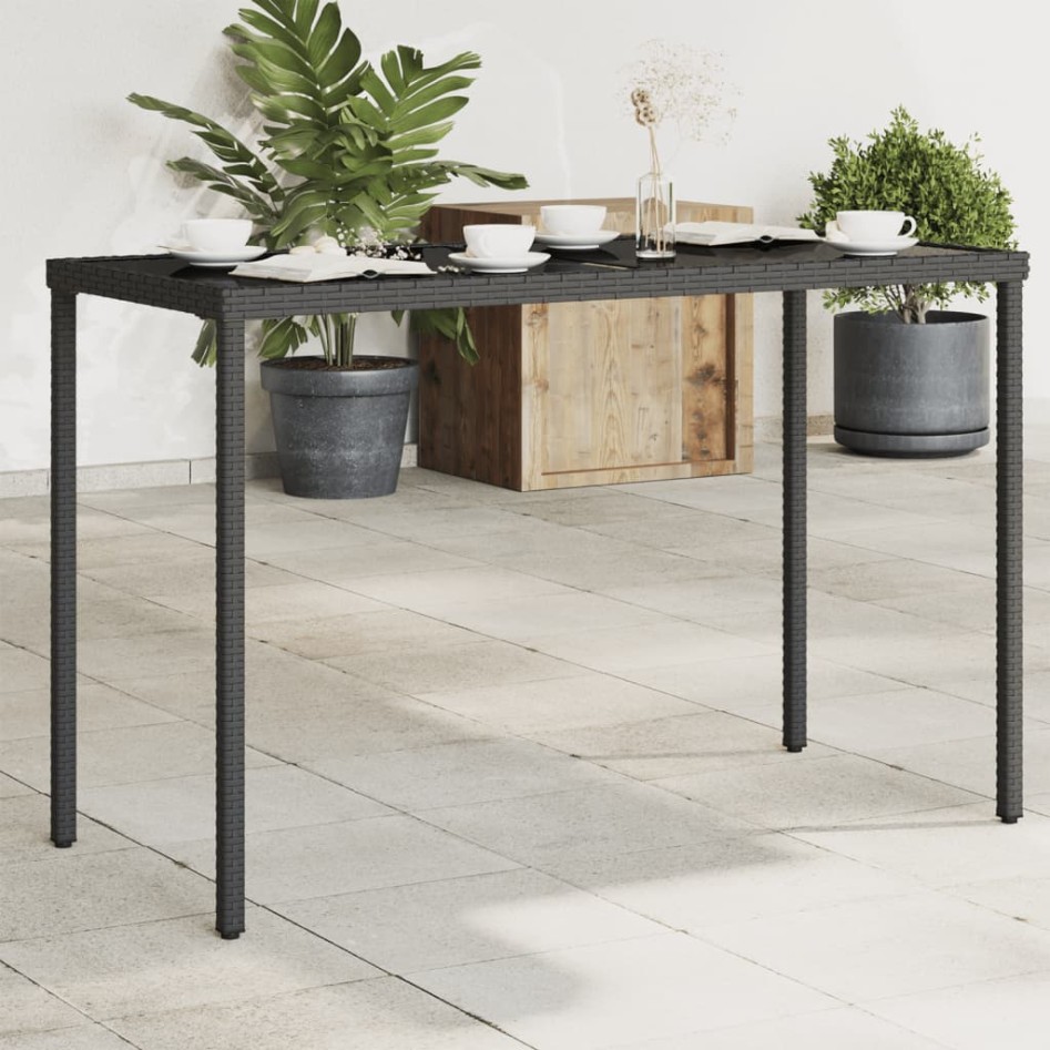 Mesa de jardín superficie de vidrio ratán PE negro 115x54x74