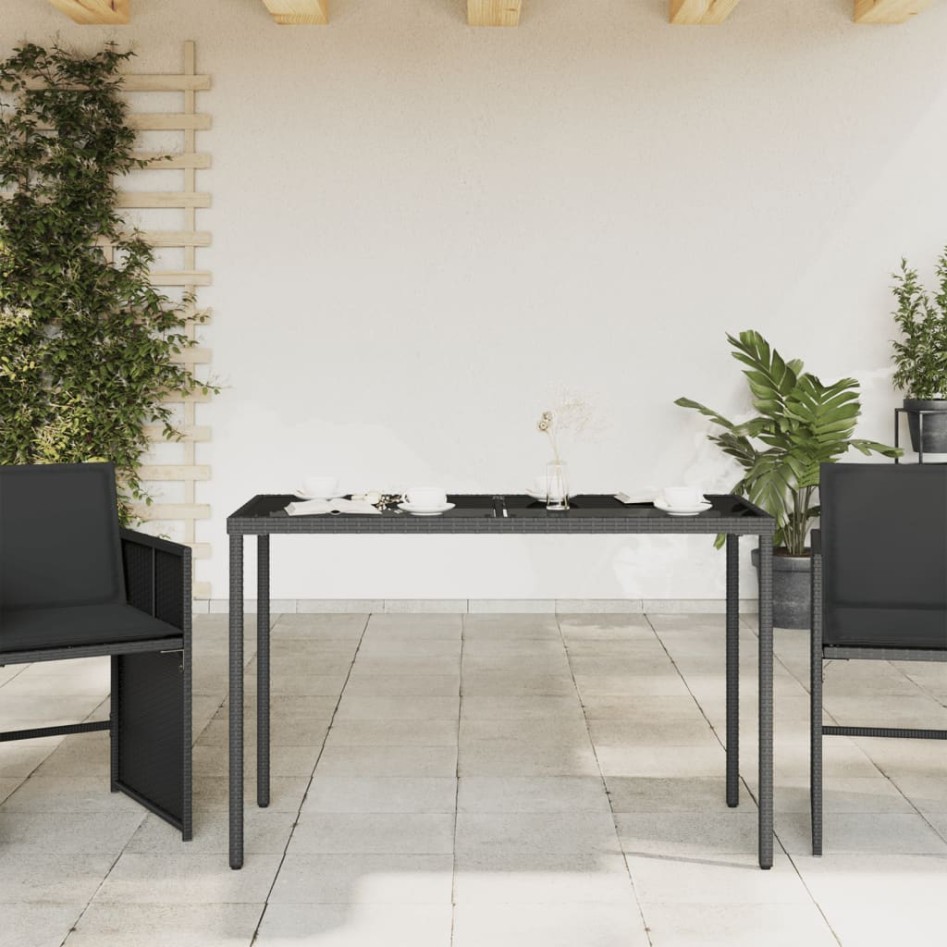 Mesa de jardín superficie de vidrio ratán PE negro 115x54x74