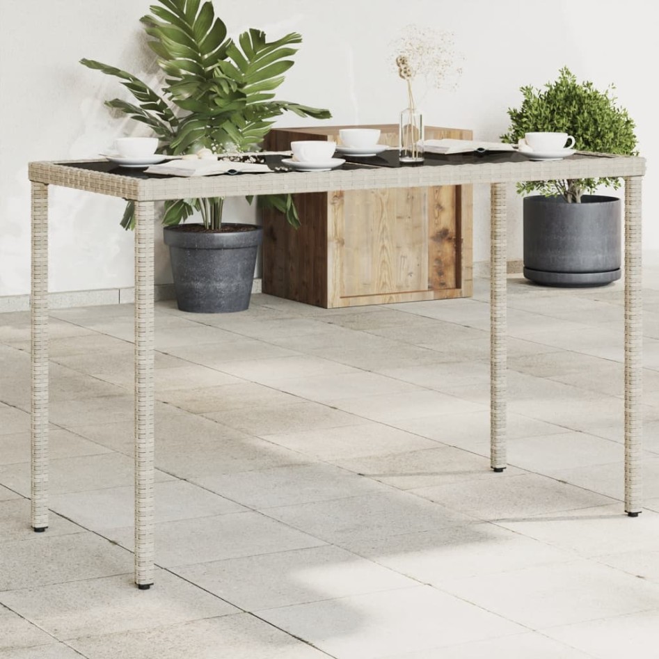 Mesa jardín superficie vidrio ratán PE gris claro 115x54x74