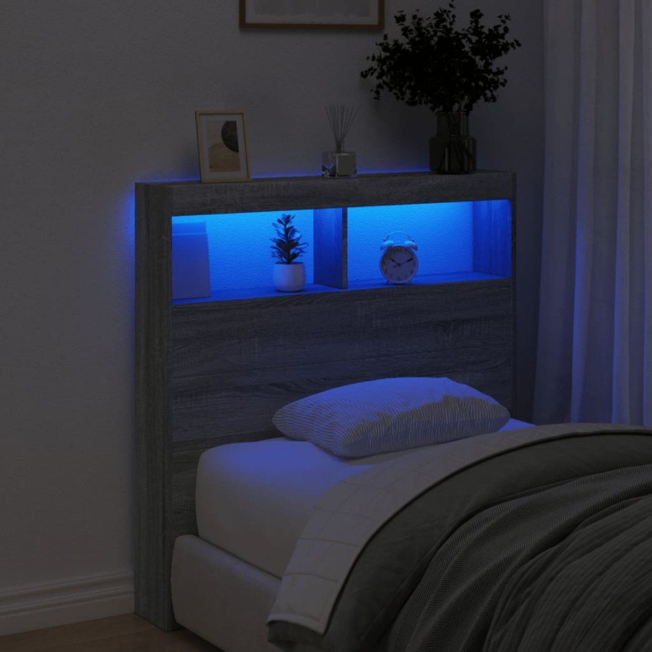 Cabecero de cama con luz LED gris Sonoma 100x17x102