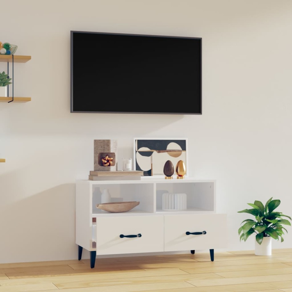 Mueble de TV madera contrachapada blanco brillo 80x36x50