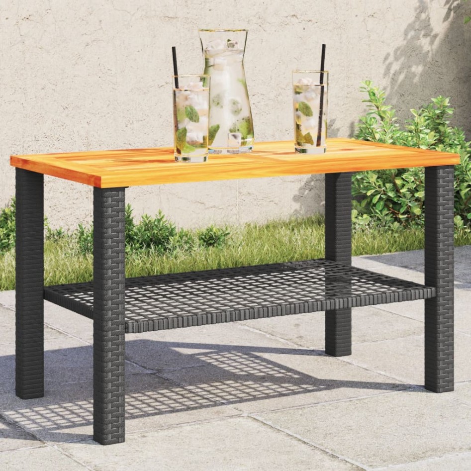 Mesa de jardín ratán sintético madera acacia negro 70x38x42
