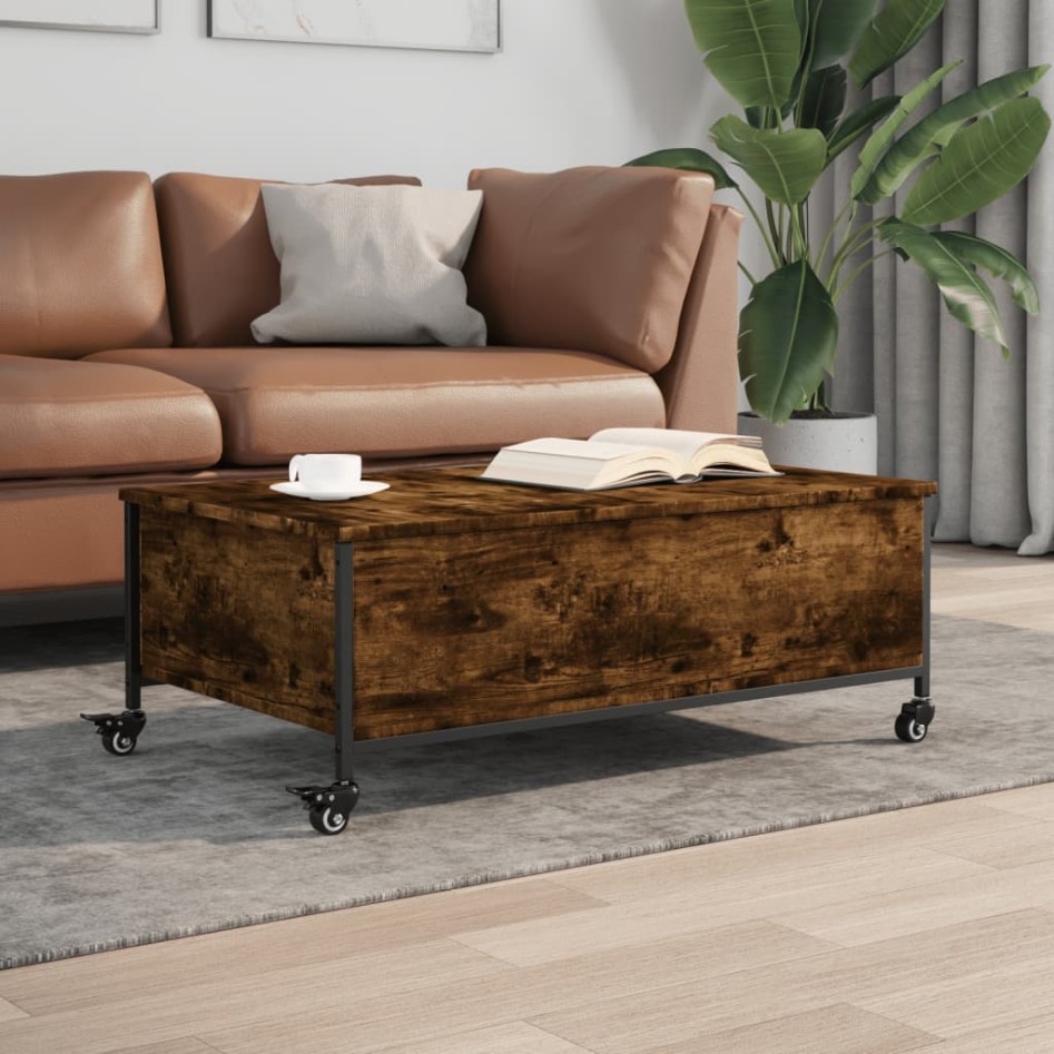 Mesa de centro con ruedas madera ingeniería roble 91x55x34
