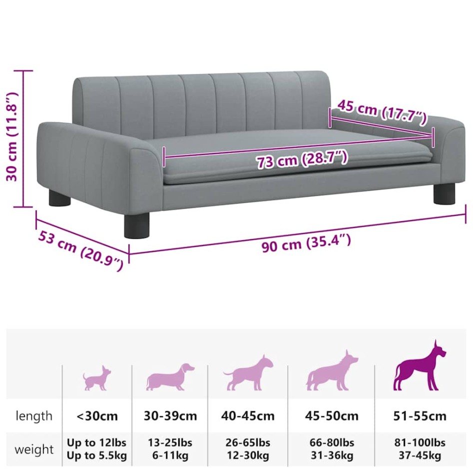 Cama para perros de tela gris claro 90x53x30