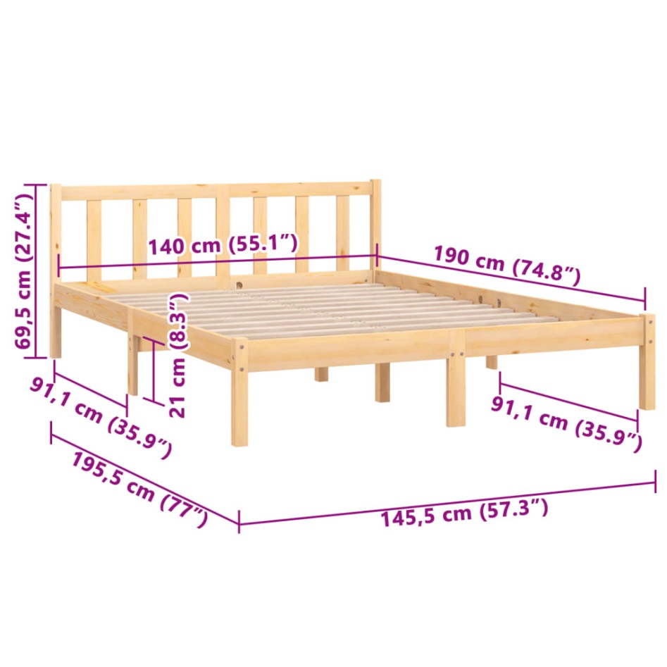 Estructura de cama sin colchón madera maciza 140x190