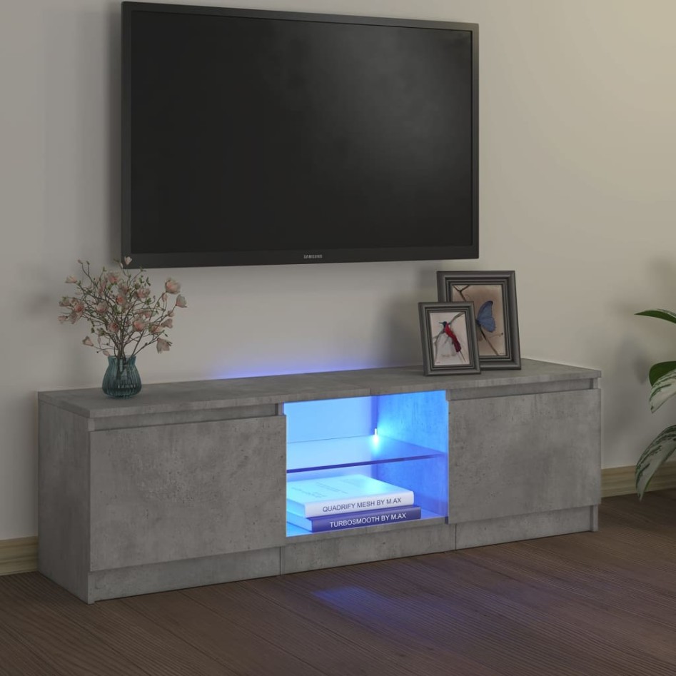 Mueble de TV con luces LED gris hormigón 120x30x35,5