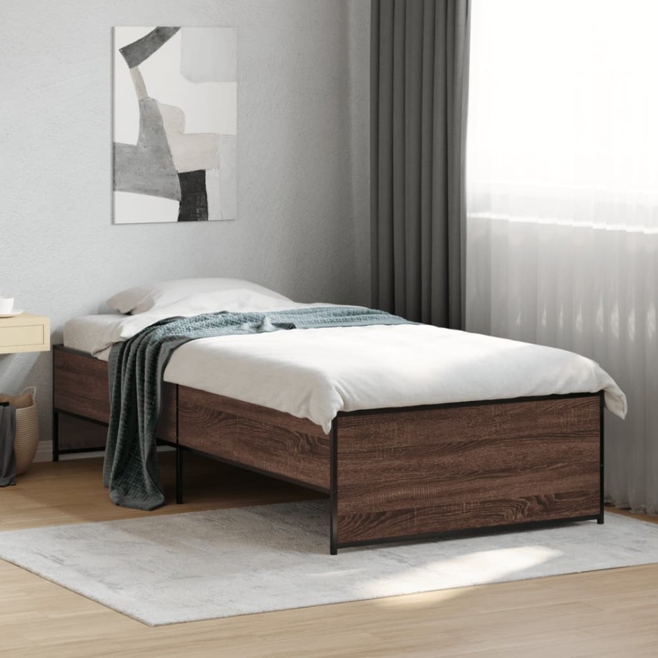 Estructura cama madera ingeniería metal roble marrón 75x190