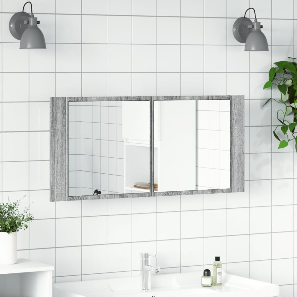 Armario de baño con espejo y luz LED gris Sonoma 100x12x45