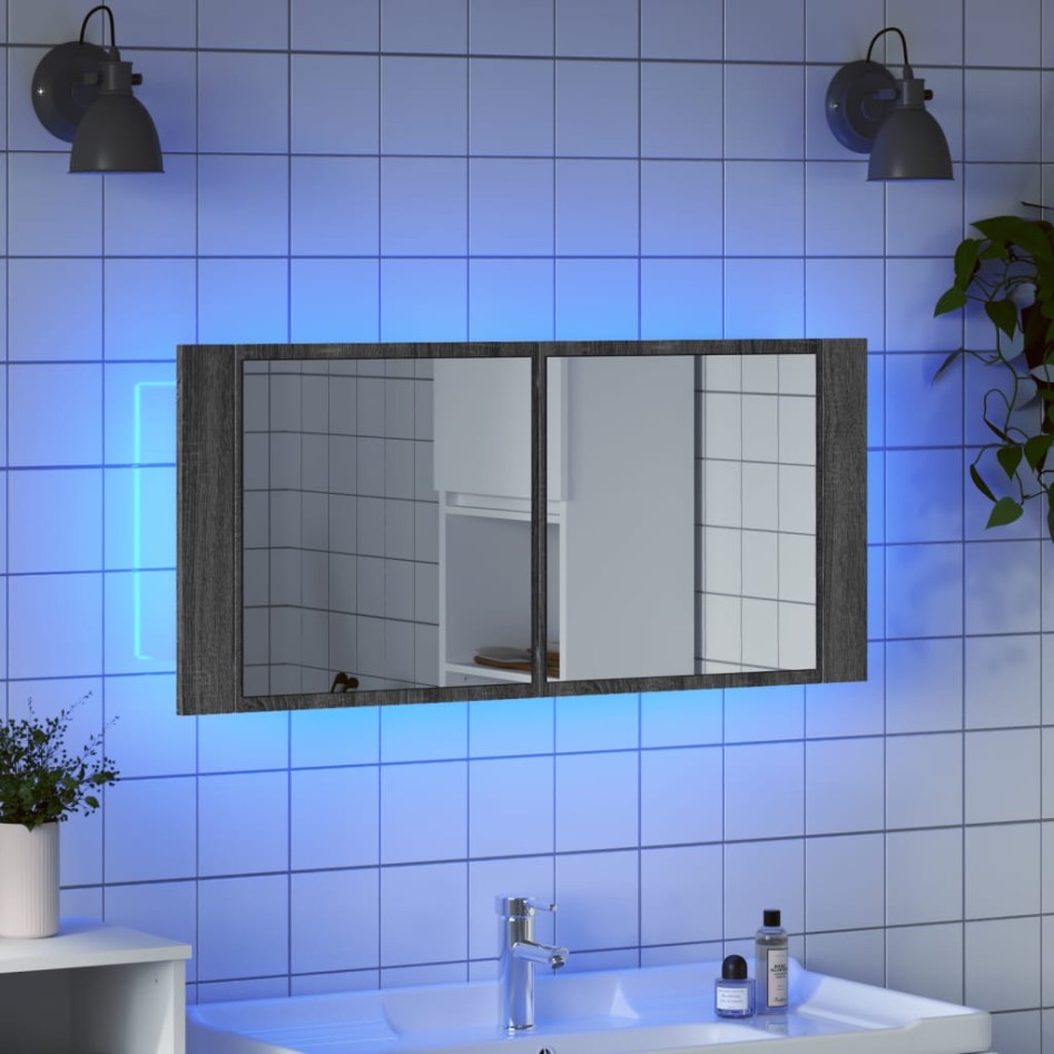 Armario de baño con espejo y luz LED gris Sonoma 100x12x45