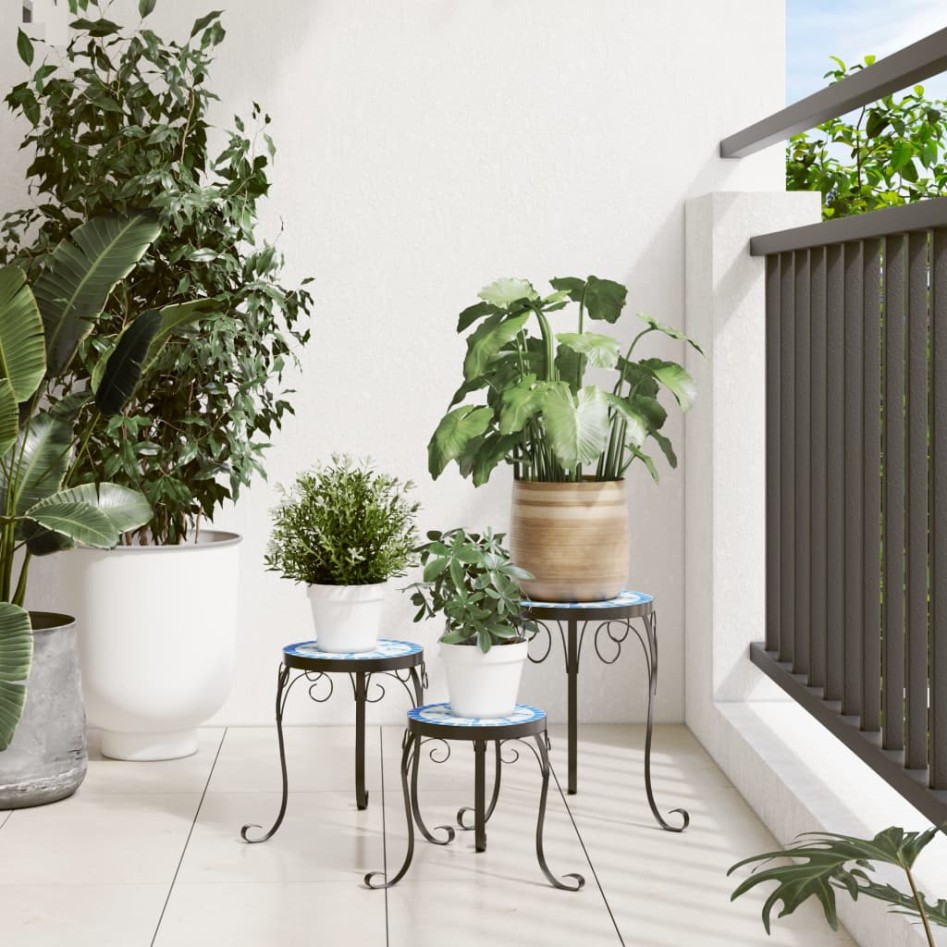 Soportes para plantas 3 uds cerámica azul y