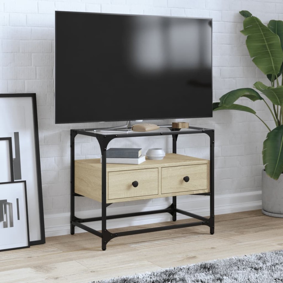 Mueble TV cristal y madera ingeniería roble Sonoma 60x35x51