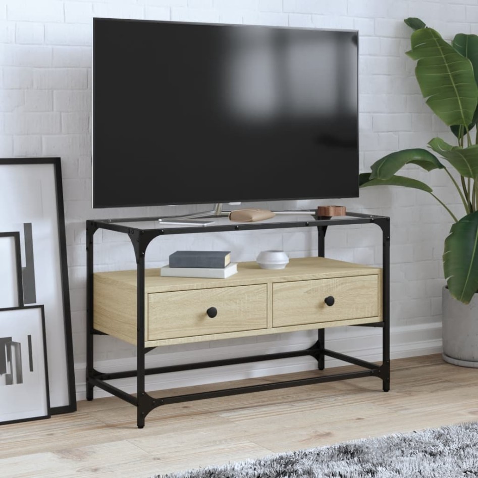 Mueble TV cristal y madera ingeniería roble Sonoma 80x35x51