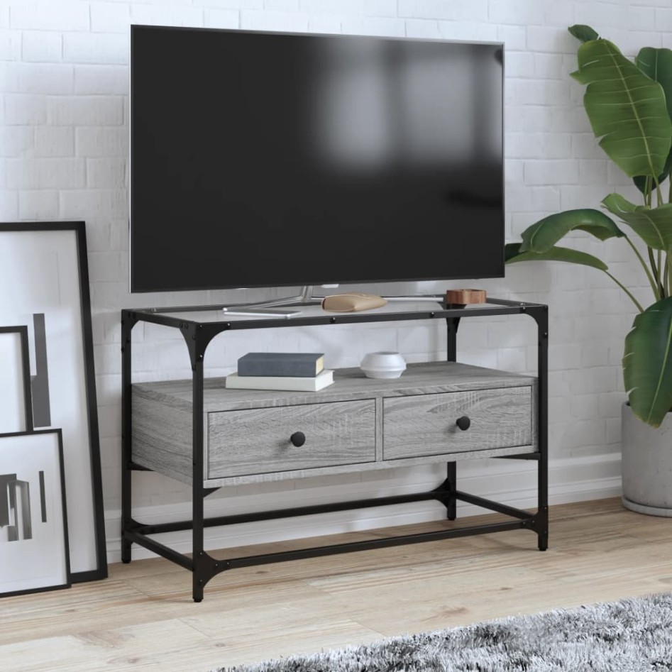 Mueble TV cristal y madera ingeniería gris Sonoma 80x35x51