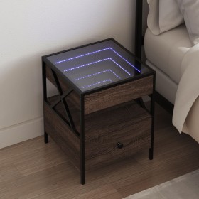 Mesita de noche con Infinity LED marrón roble 40x40x51