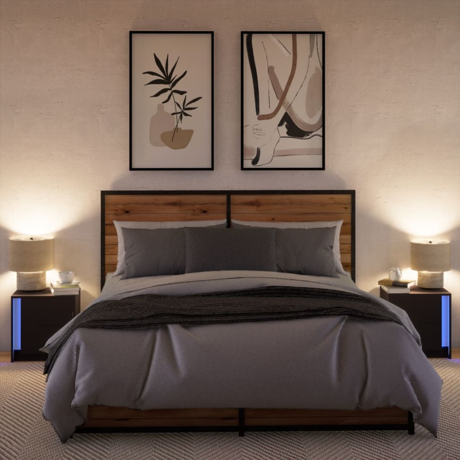 Mesitas de noche con luces LED 2 uds madera ingeniería