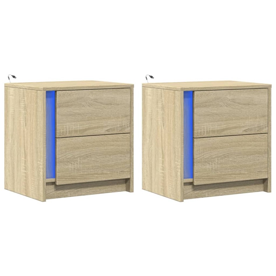 Mesitas de noche luces LED 2 uds madera ingeniería roble