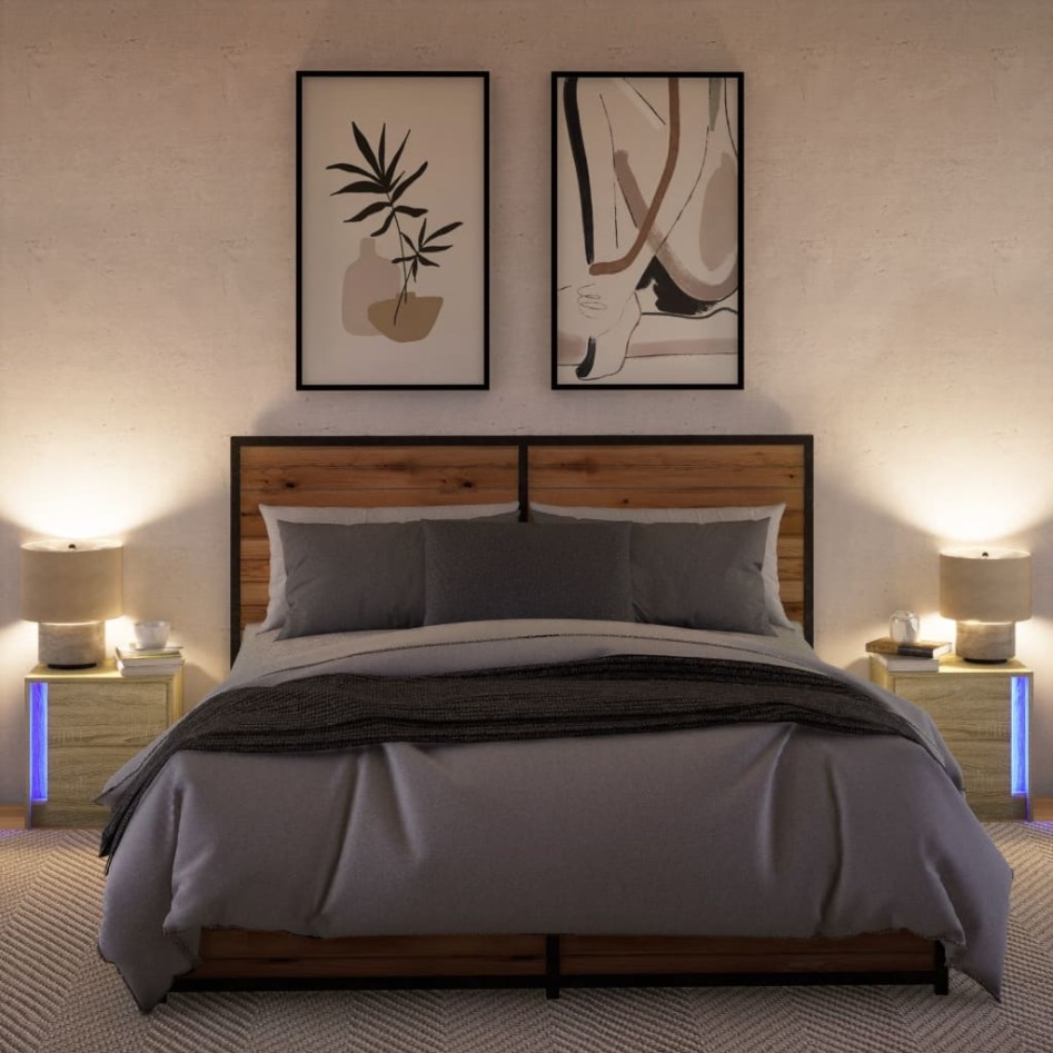 Mesitas de noche luces LED 2 uds madera ingeniería roble