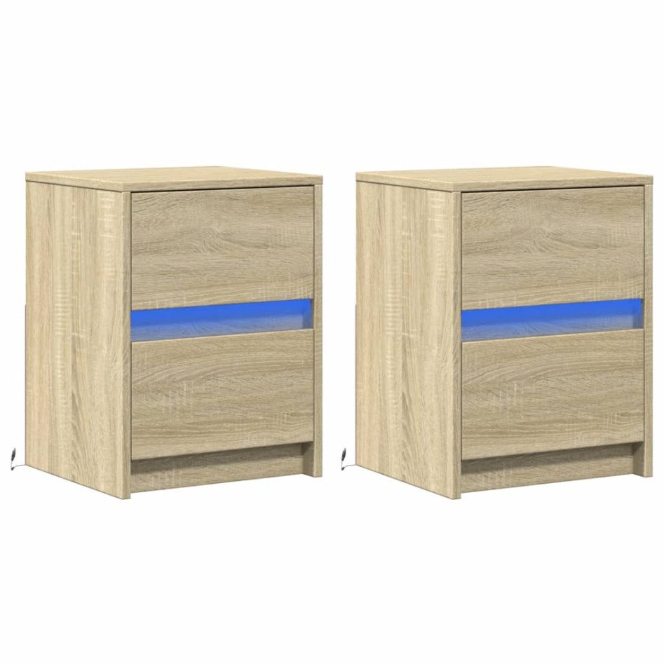 Mesitas de noche luces LED 2 uds madera ingeniería roble