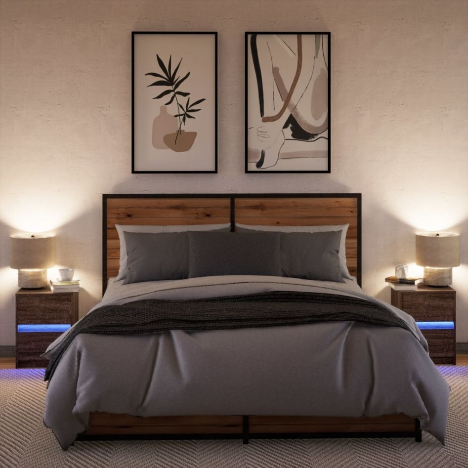 Mesitas de noche luces LED 2 uds madera ingeniería roble