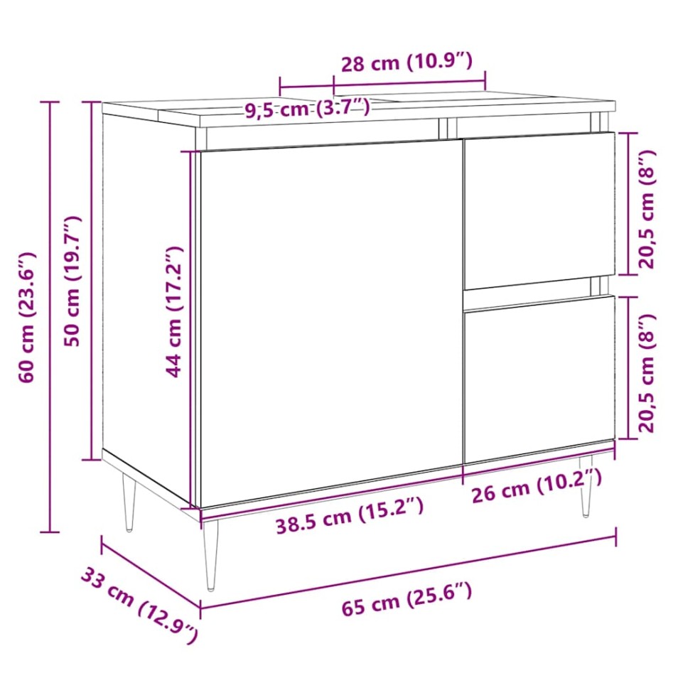 Armario de lavabo de baño madera roble Sonoma 65x33x60