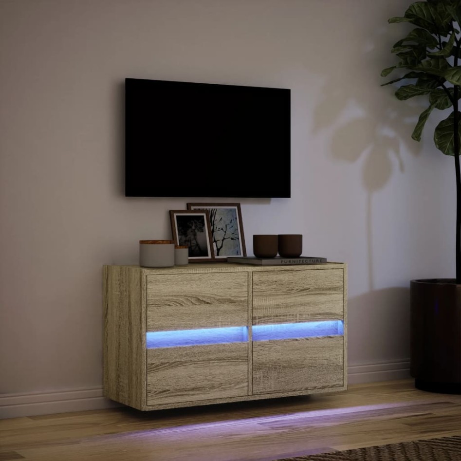 Mueble de TV de pared con luces LED roble Sonoma 80x31x45
