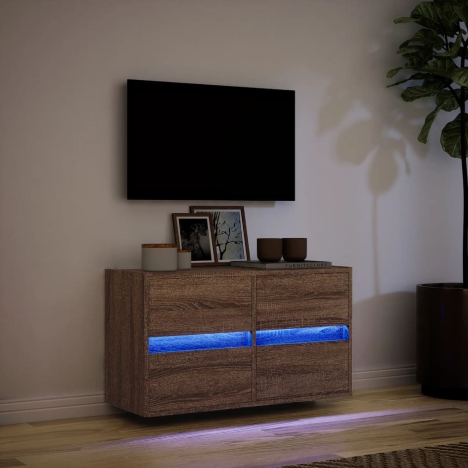 Mueble de TV de pared con luces LED marrón roble 80x31x45