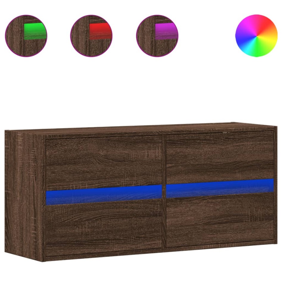 Mueble de TV de pared con luces LED marrón roble 100x31x45