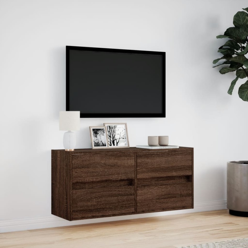 Mueble de TV de pared con luces LED marrón roble 100x31x45