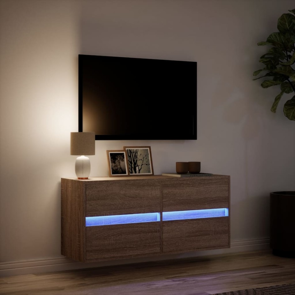 Mueble de TV de pared con luces LED marrón roble 100x31x45