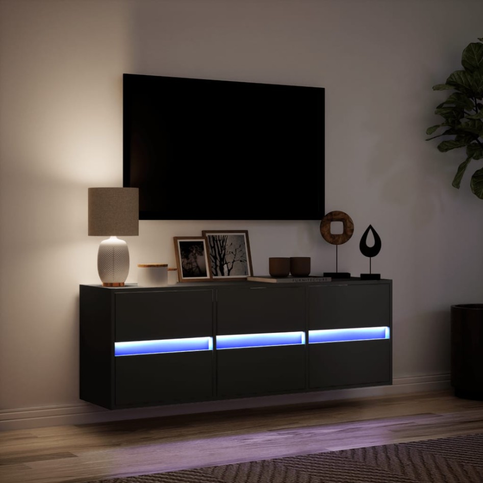 Mueble de TV de pared con luces LED negro 130x31x45
