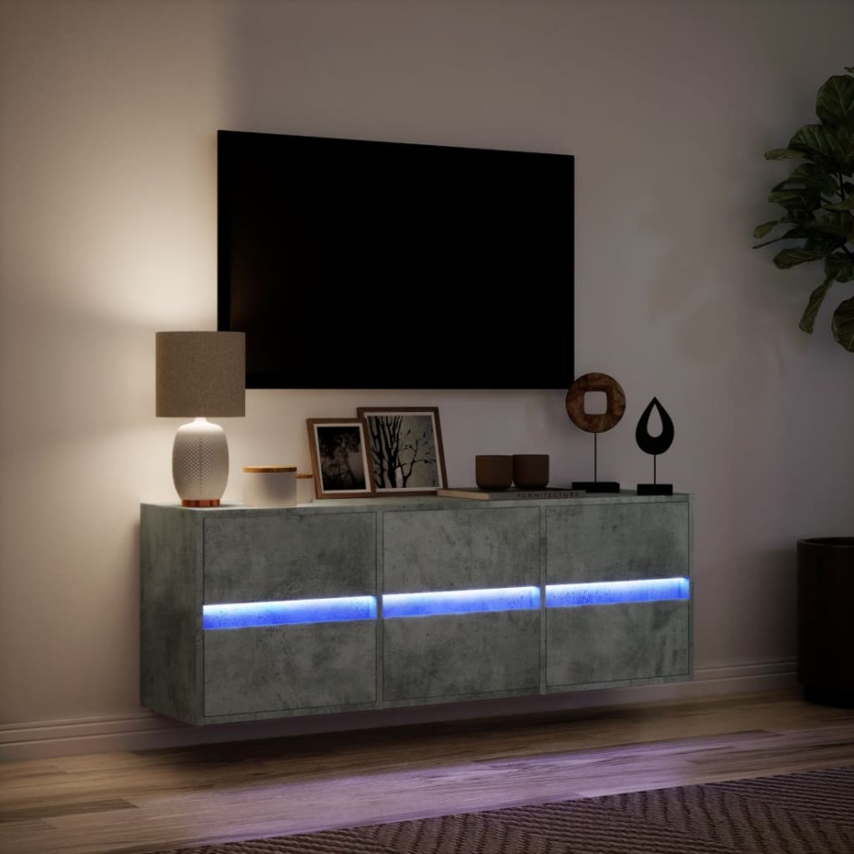 Mueble de TV de pared con luces LED gris hormigón 130x31x45