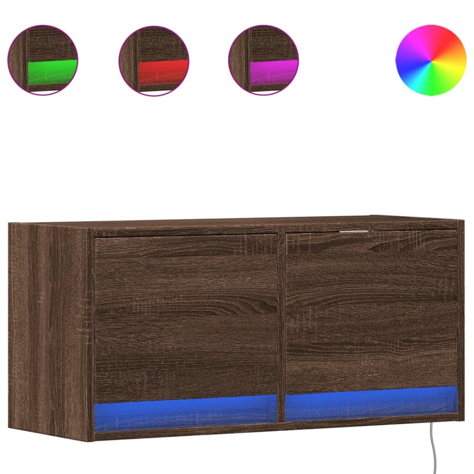 Mueble de TV de pared con luces LED roble marrón 80x31x35