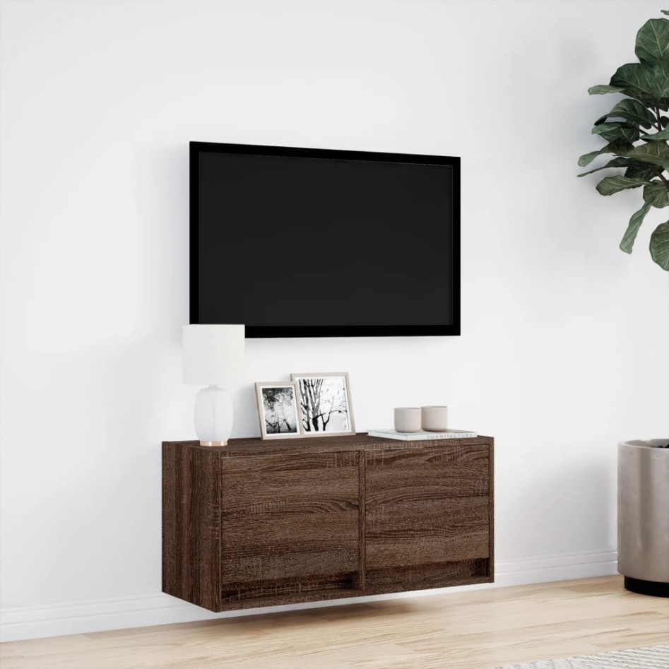 Mueble de TV de pared con luces LED roble marrón 80x31x35