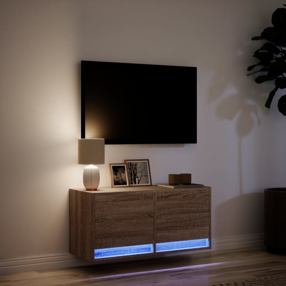Mueble de TV de pared con luces LED roble marrón 80x31x35