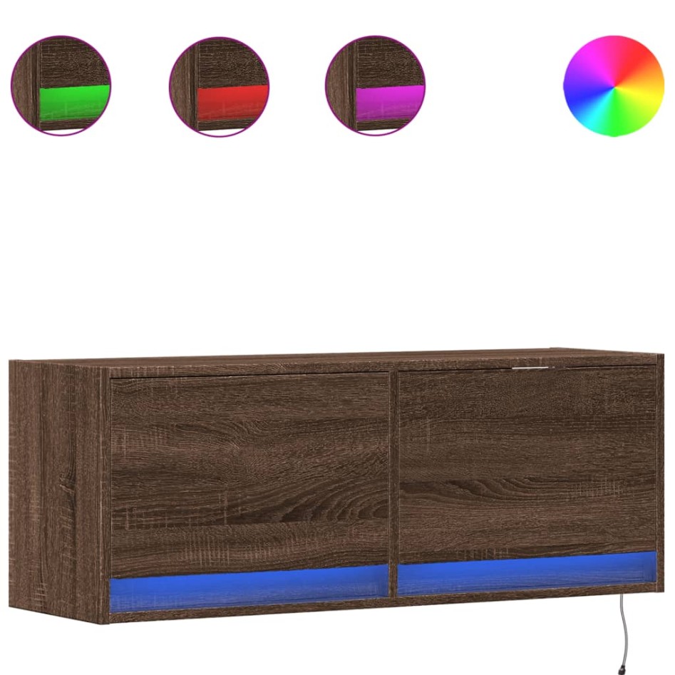 Mueble de TV de pared con luces LED marrón roble 100x31x35