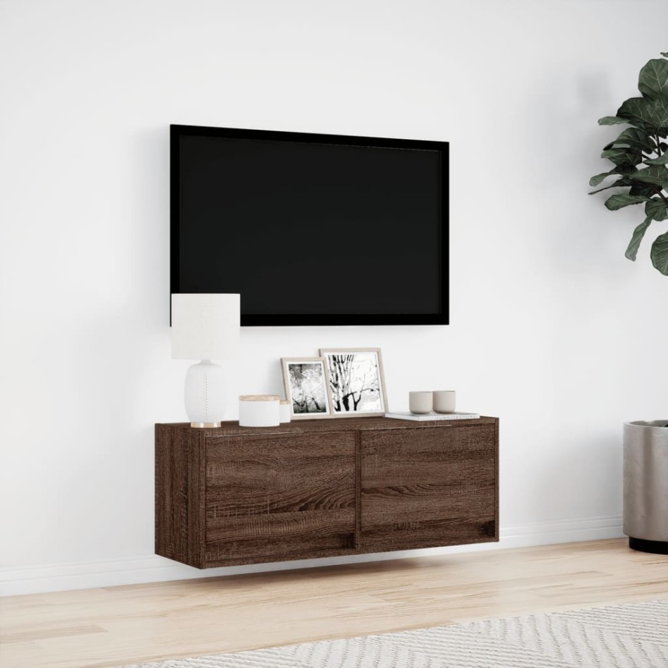 Mueble de TV de pared con luces LED marrón roble 100x31x35